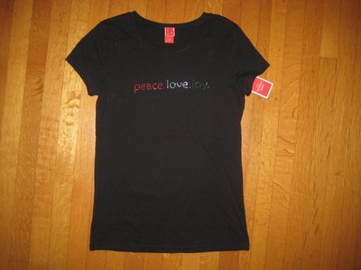 NEW Women's Black SS Tee PEACE LOVE JOY rhinestones Christmas Party