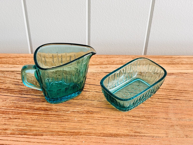 Vintage 1960'S Hadeland Saga Willy Johansson Norwegian Blue Glass Jug And Bowl