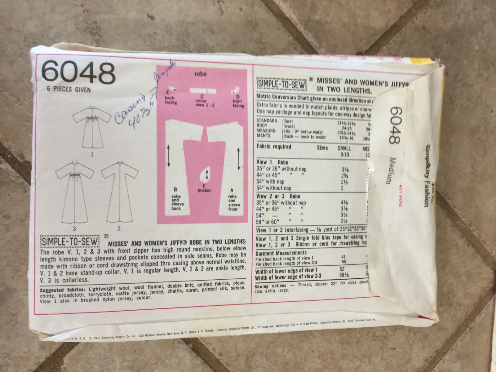 Vintage Pattern Simplicity #6048 Robes Women's Sizes 12-14