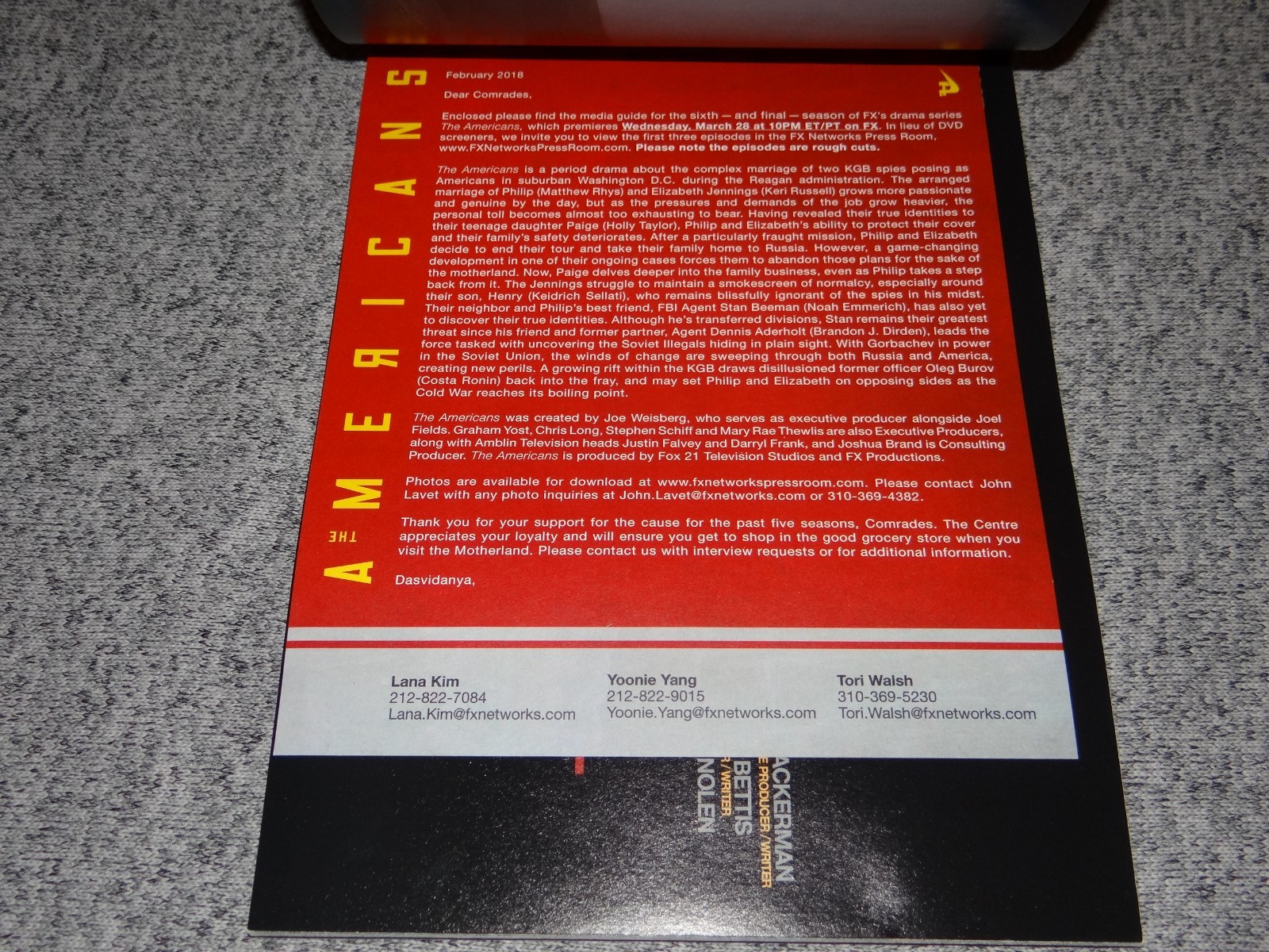 THE AMERICANS FX 2018 Final Season 6 FYC Promo PRESS KIT Photo Book KERI RUSSELL