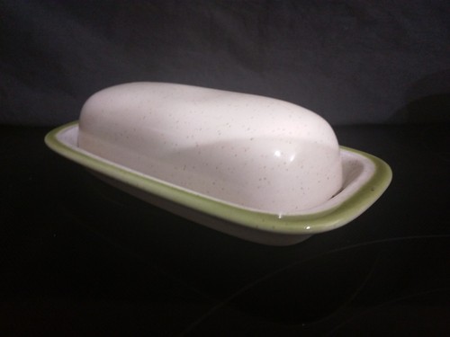 MidCentury Modern Meadowbrook Stoneware Speckled Butter Dish Avocado Green Japan