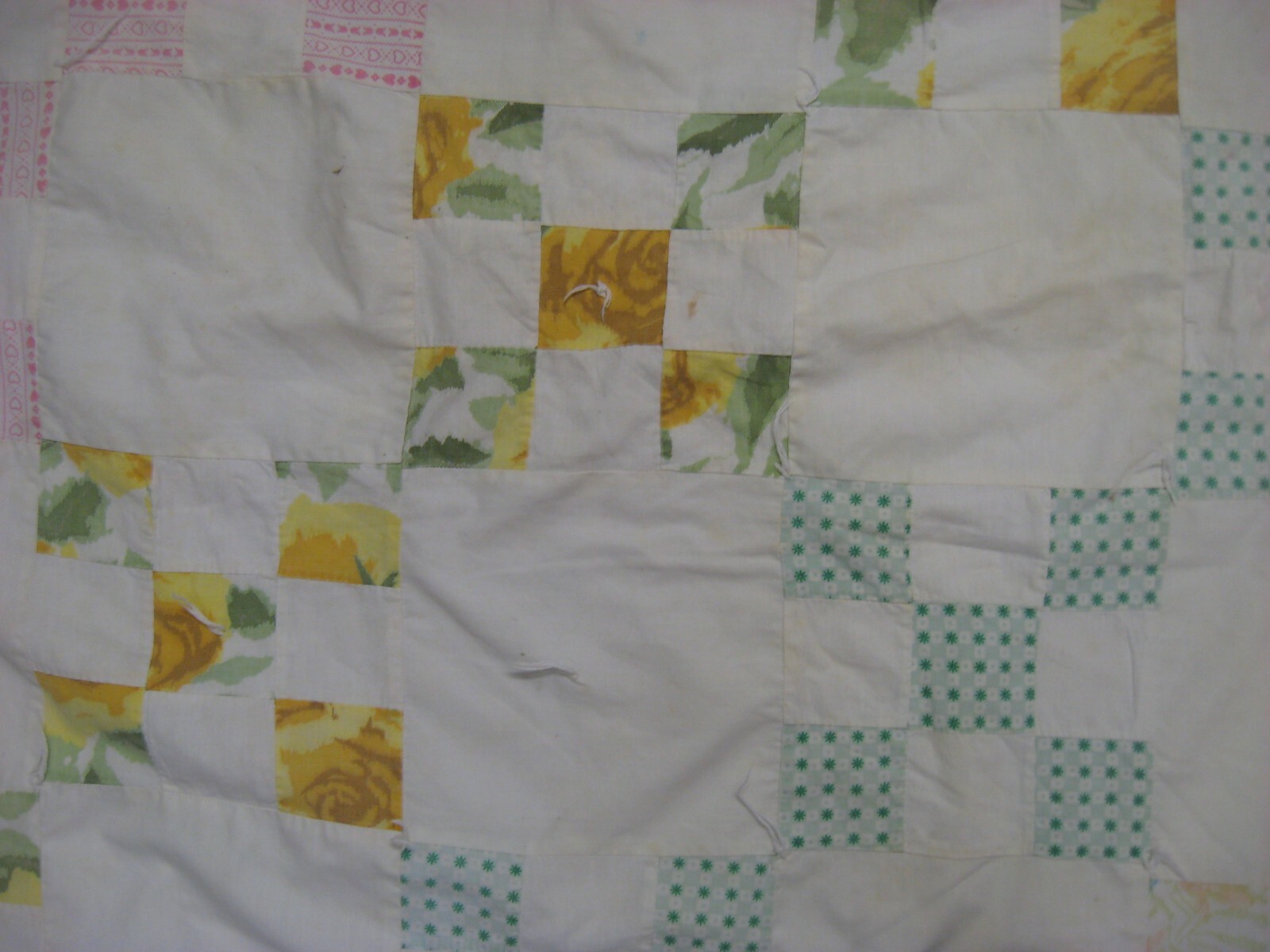 Vintage Handmade Cotton patchwork Quilt White multicolor TIE quilt 71 X 58.5