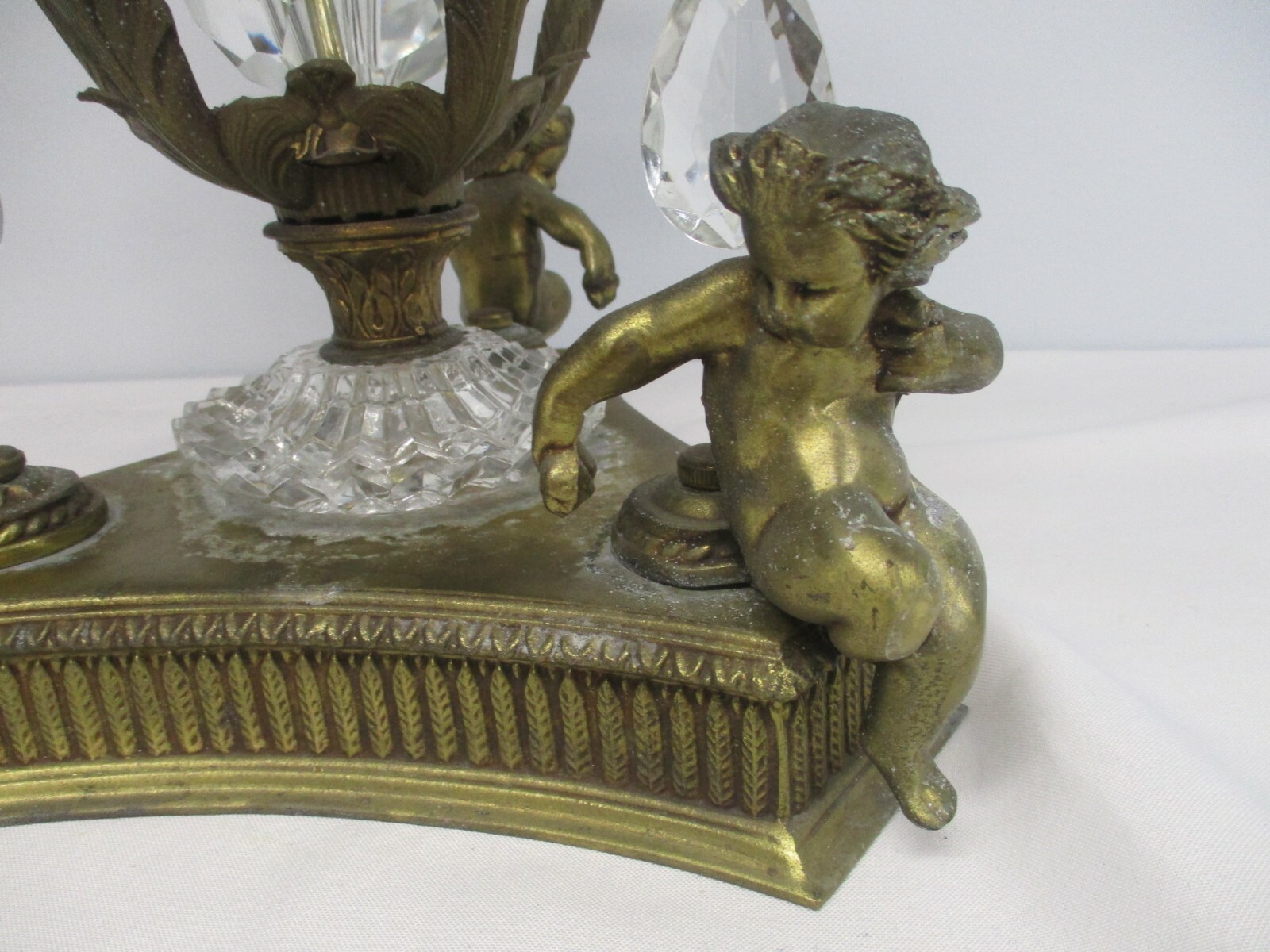 ANTIQUE HEAVY CRYSTAL CENTERPIECE BOWL with CHERUB BASE & DANGLE PRISMS 13 1/2