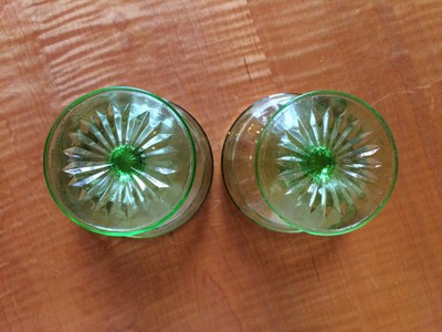 2 Vintage Green Vaseline Depression Glass Sherbert Dessert Footed Dish Optic