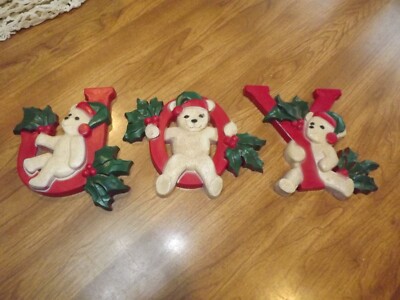 Vintage Homco Interiors Christmas JOY Bears Hanging Wall Plaques #7610-1,2,3