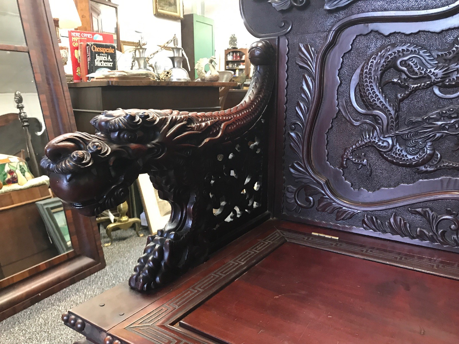 Antique Chinese Dragons Gargoyles Carved Bench Settee Chase w/Storage