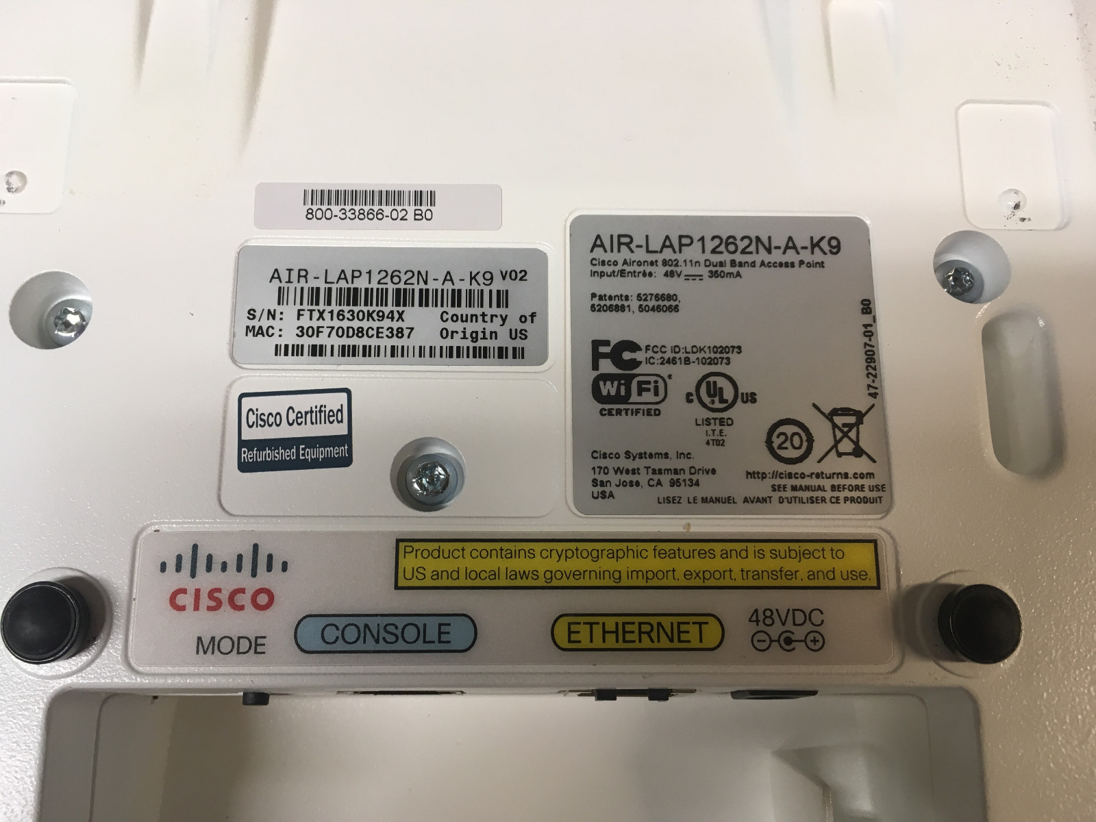 Cisco Aironet AIR-LAP1262N-A-K9 802.11a/b/g/n Wireless Access Point