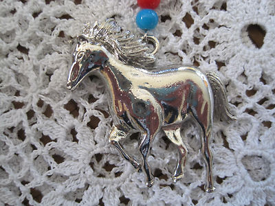 Key Chain Silver Tone Horse Red and Blue Bead Vintage