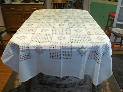 Exquisite Linen Tablecloth Drawnwork w Tan Embroidery 60 x 92'' w 12 Napkins L@@k