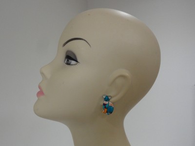 Sterling Silver Cat Kitty Turquoise Spiny Oyster Inlay Earrings Multi Color