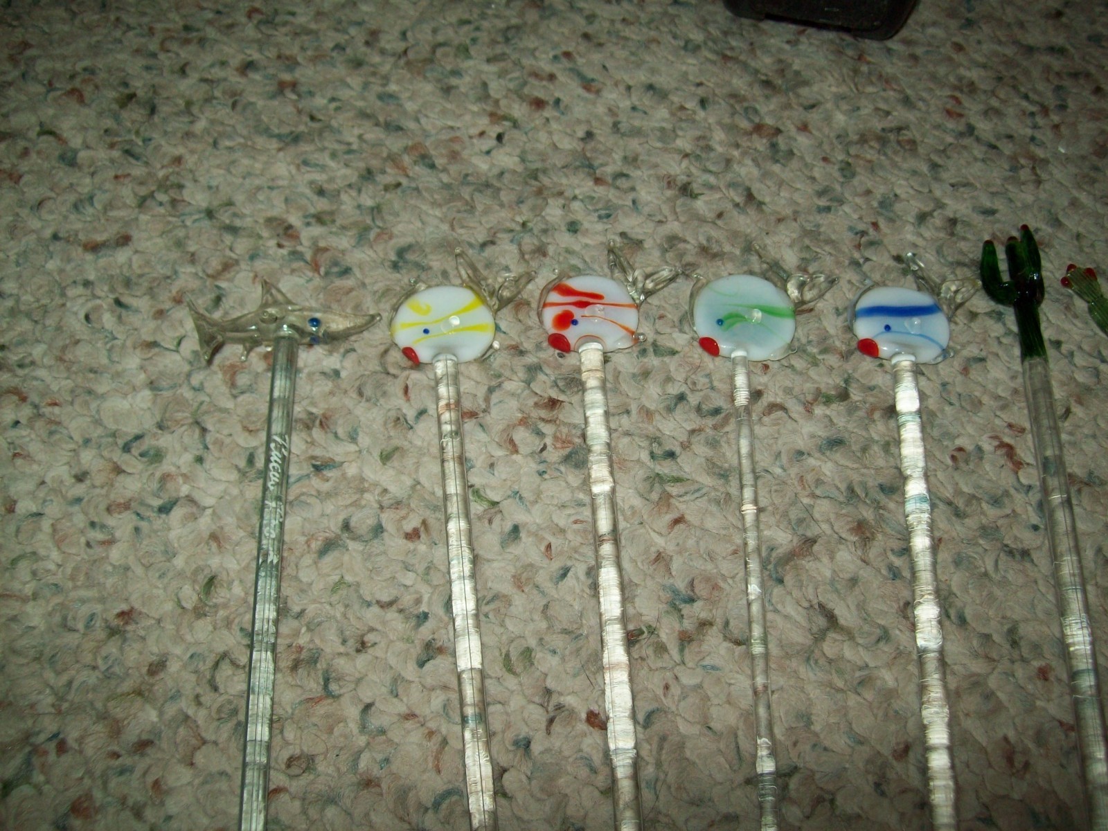 13 Vintage Glass Swizzle Sticks Fish, Bird, Whale, Pepper etc