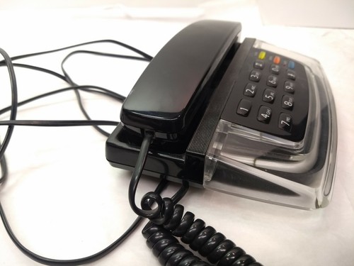 Vintage 1980's 1990's Black & Clear Krystalite *Blue Neon* Light Up Phone -EUC