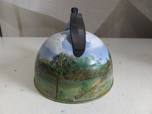 VNTG Tea Kettle Painted W/ Log Cabin Privy Well Garden Clouds Birds Forest Scene