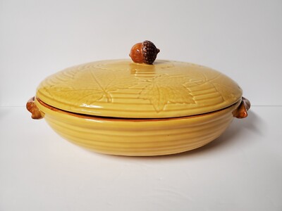 Russ Golden Yellow Oval Ceramic Maple Leaf Casserole with Acorn Handle