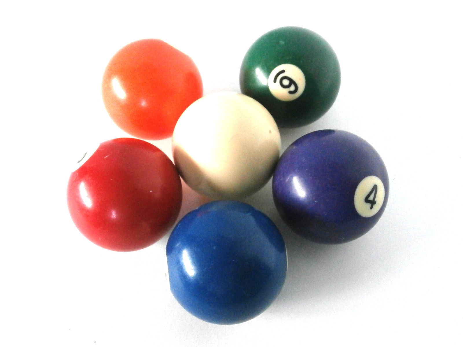 Billiard Balls Lot of Six Vintage Pool Balls; 1 Cue Ball & 5 Colored Balls