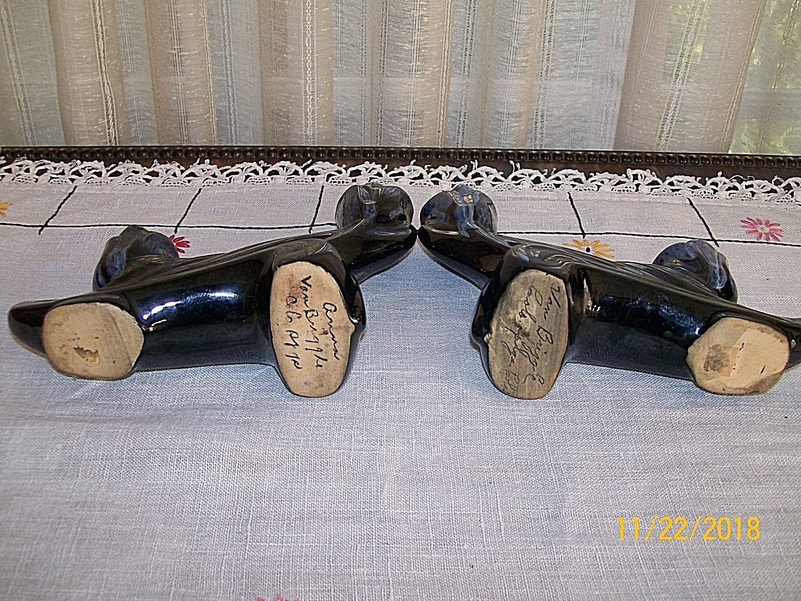 Signed Van Briggle Candle Holders / Black w/Light Blue Drip/ ~7