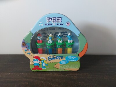PEZ The Smurfs Click & Play Collectible Tin Gameboard with 4 Figures 2017 NEW 