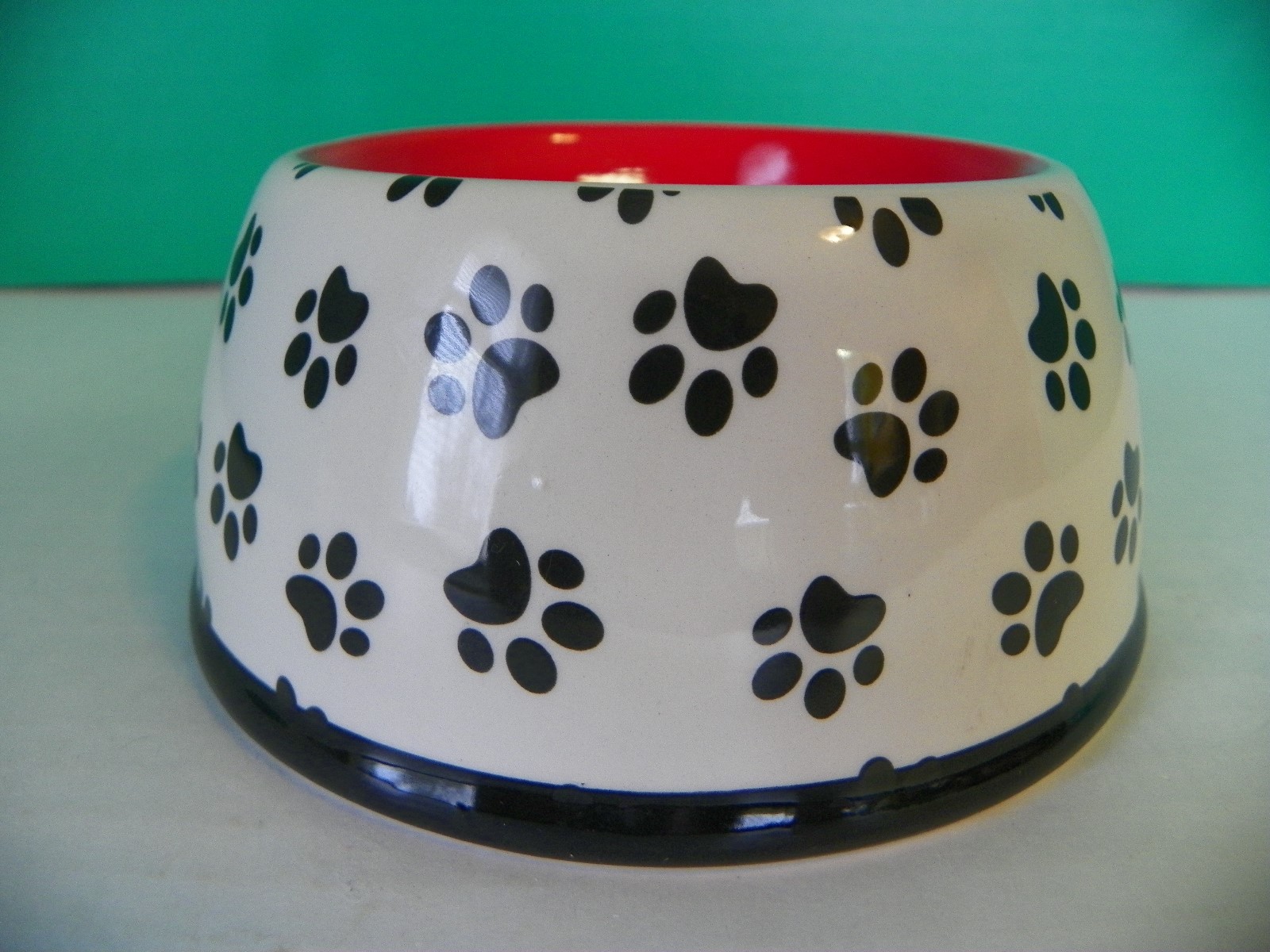 Ceramic Kitty Feeding Bowl Red with Black Kitty Paw Prints