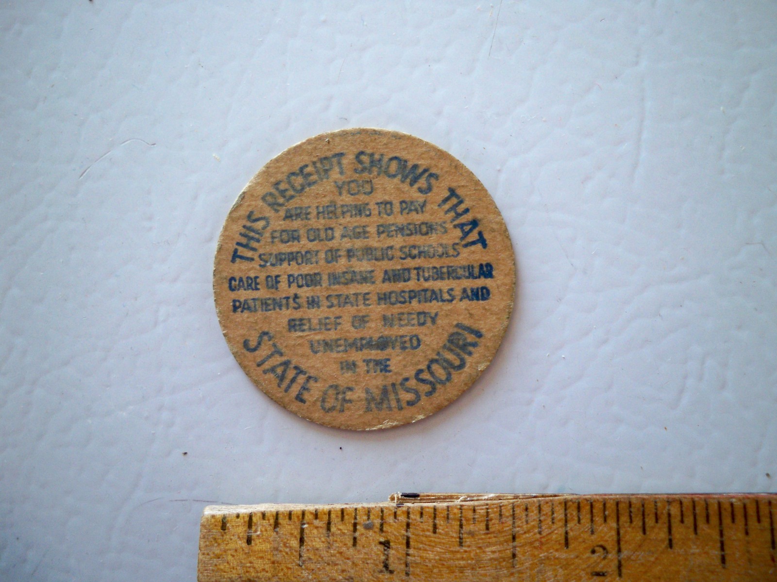 VINTAGE 1930's MISSOURI RETAILERS 1 MILL SALES TAX RECEIPT CARDBOARD TOKEN
