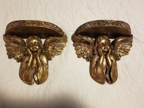 2 Vintage Carved RESIN Cherub Wall Sconce Shelf Accent Decor 8.5