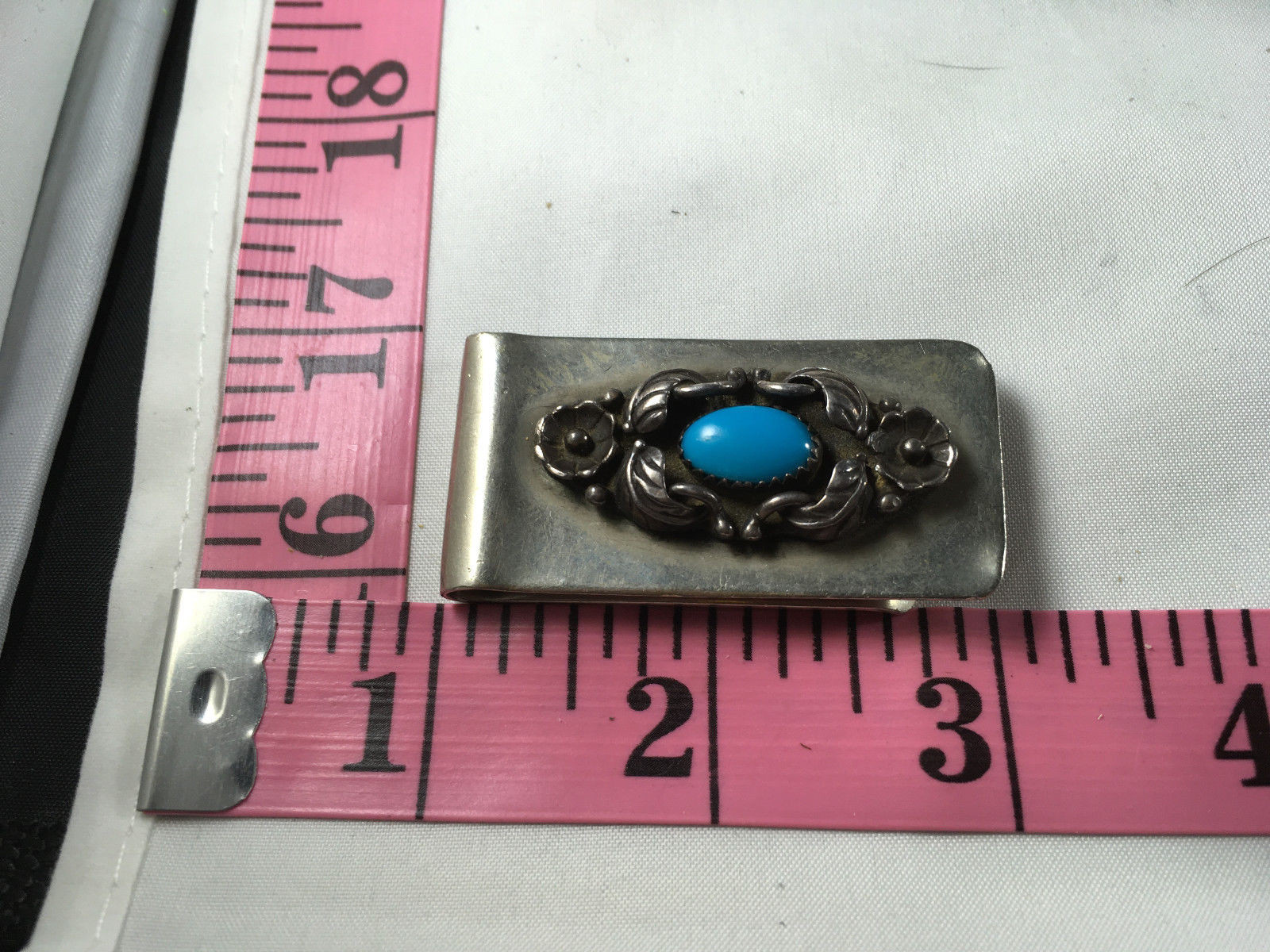Vintage Nickel Silver Money Clip With Sterling Silver Ornate Design w/turquoise