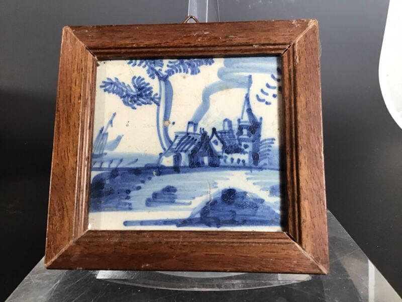 Antique Delft Framed Miniature Tile Blue White Hand Painted Castle Trees 