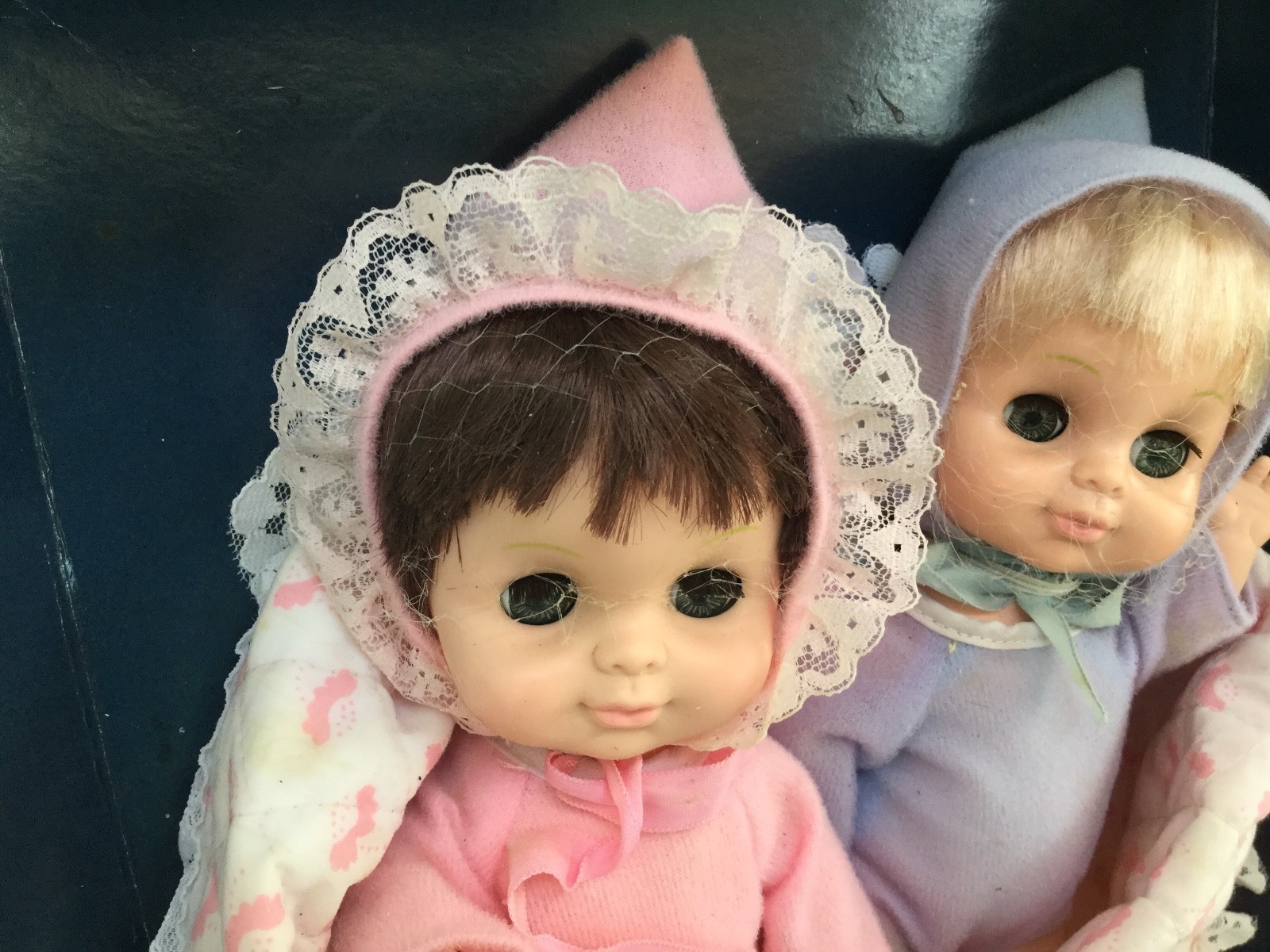 VINTAGE PLAYMATES FULLY JOINTED TWIN BABY DOLLS IN BUNDLE SLEEPING EYES  VINYL