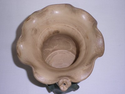 POTTERY VASE CERAMIC- Green & Tan Wave Pattern WITH ROSE AND LEAF Maker Unknown