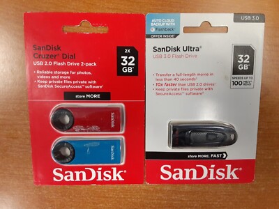 2 Pk: SanDisk Cruzer Dial USB 2.0 & Sandisk Ultra USB 3.0 Flash Drive 32GB E3B