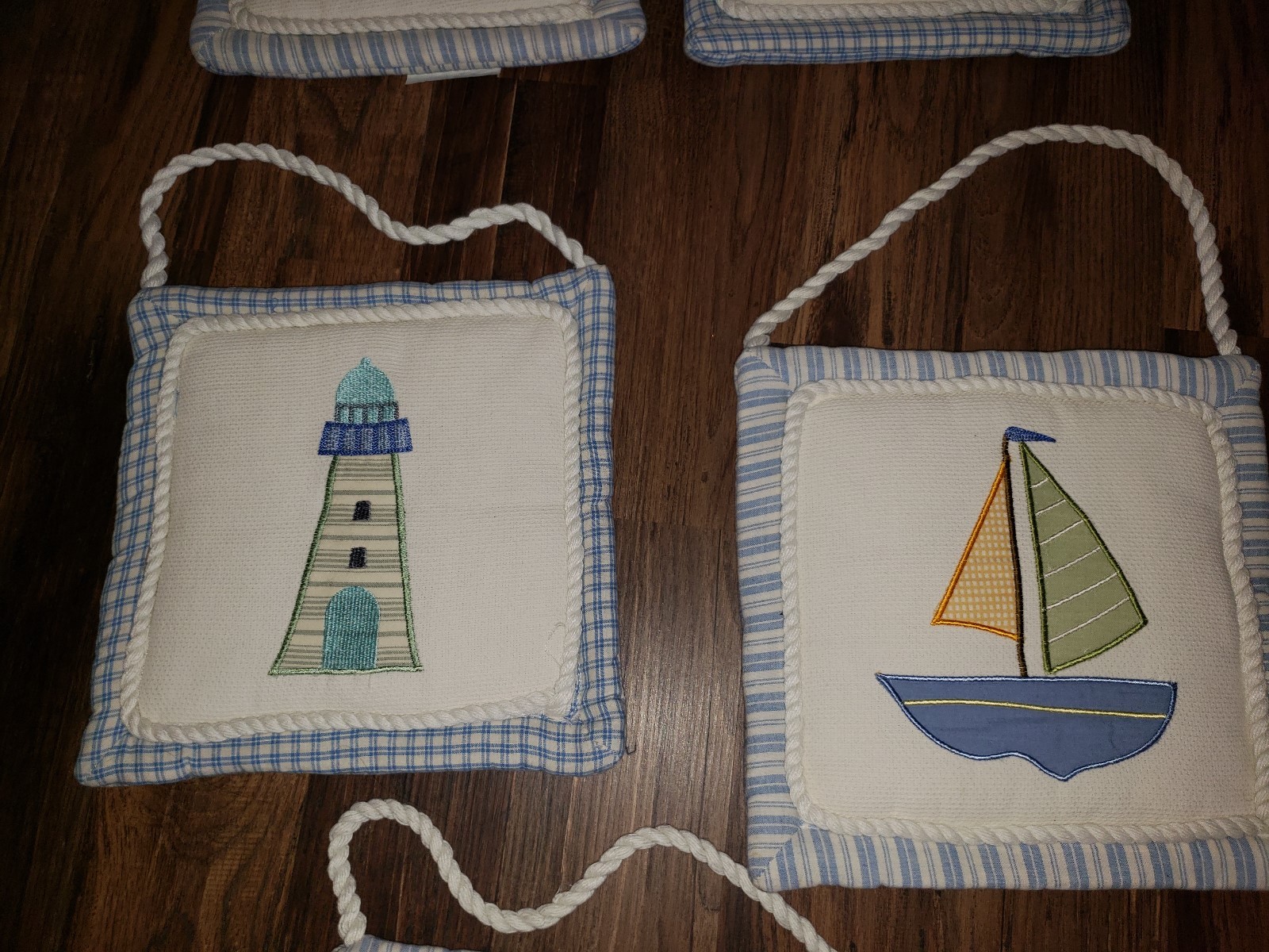 5 KOALA BABY BLUE & WHITE WALL HANGING EMBROIDERED NAUTICAL SAILBOAT LIGHTHOUSE