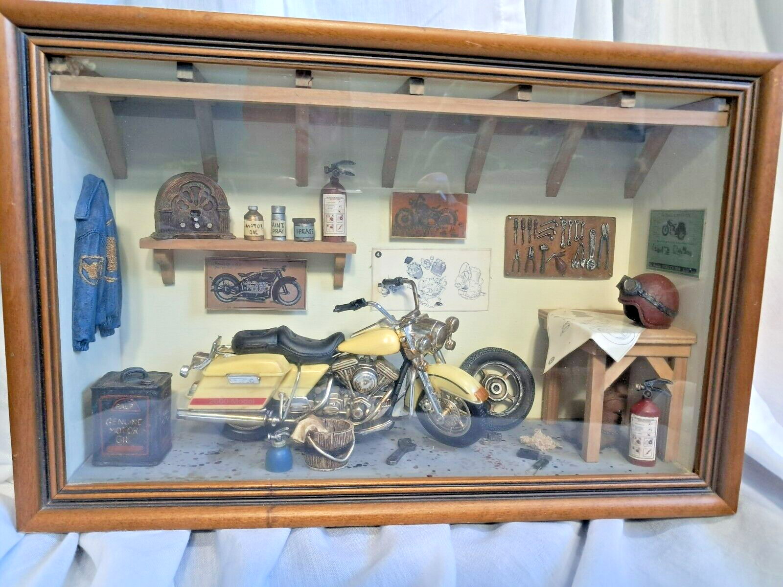 Vintage Motorcycle Garage Shop Diorama Miniature Harley 14x9.5