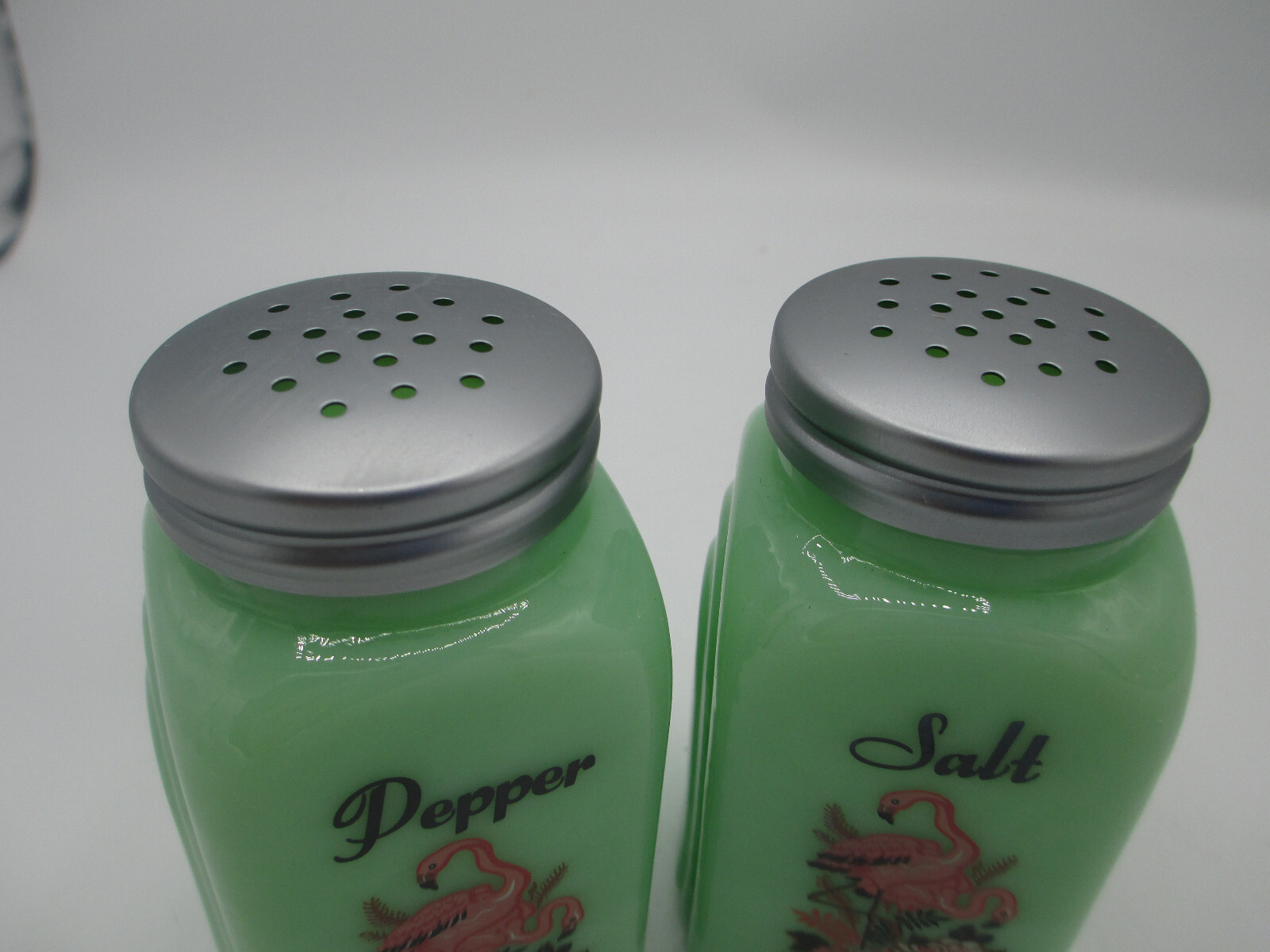 Jadeite Arch Salt Pepper Set Pink Flamingos Mid Century Retro Green Glass