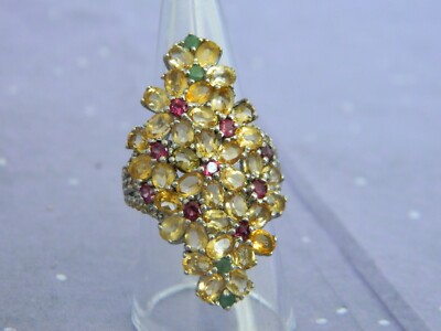 Oval Citrine  Multi Coloured Ring Genuine Mined Gems 14 K Gold on  Silver U.K ''Q