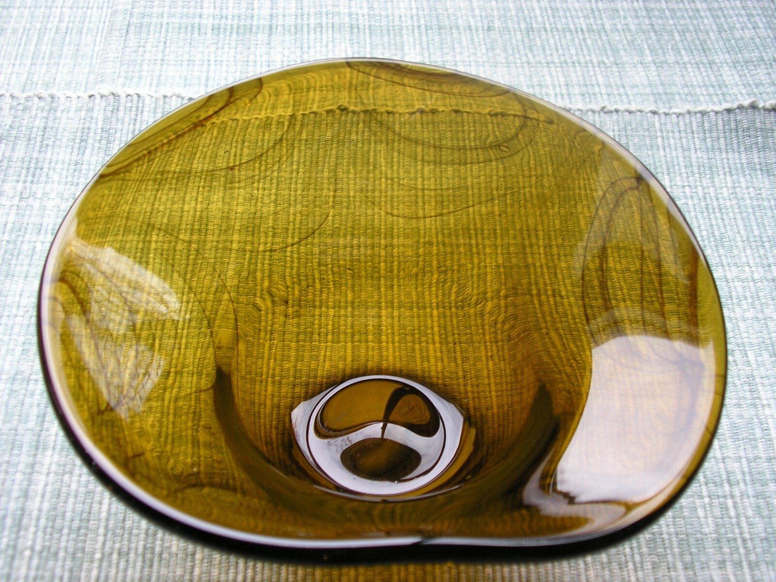 Small Hand Blown Art Glass Bowl - Brown/Amber with Darker Brown Swirls