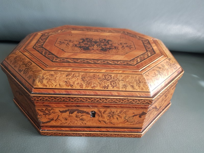 Victorianische Tunbridge-Schatulle Dose Mit Feinstem Holzintarsienmosaik Um 1860