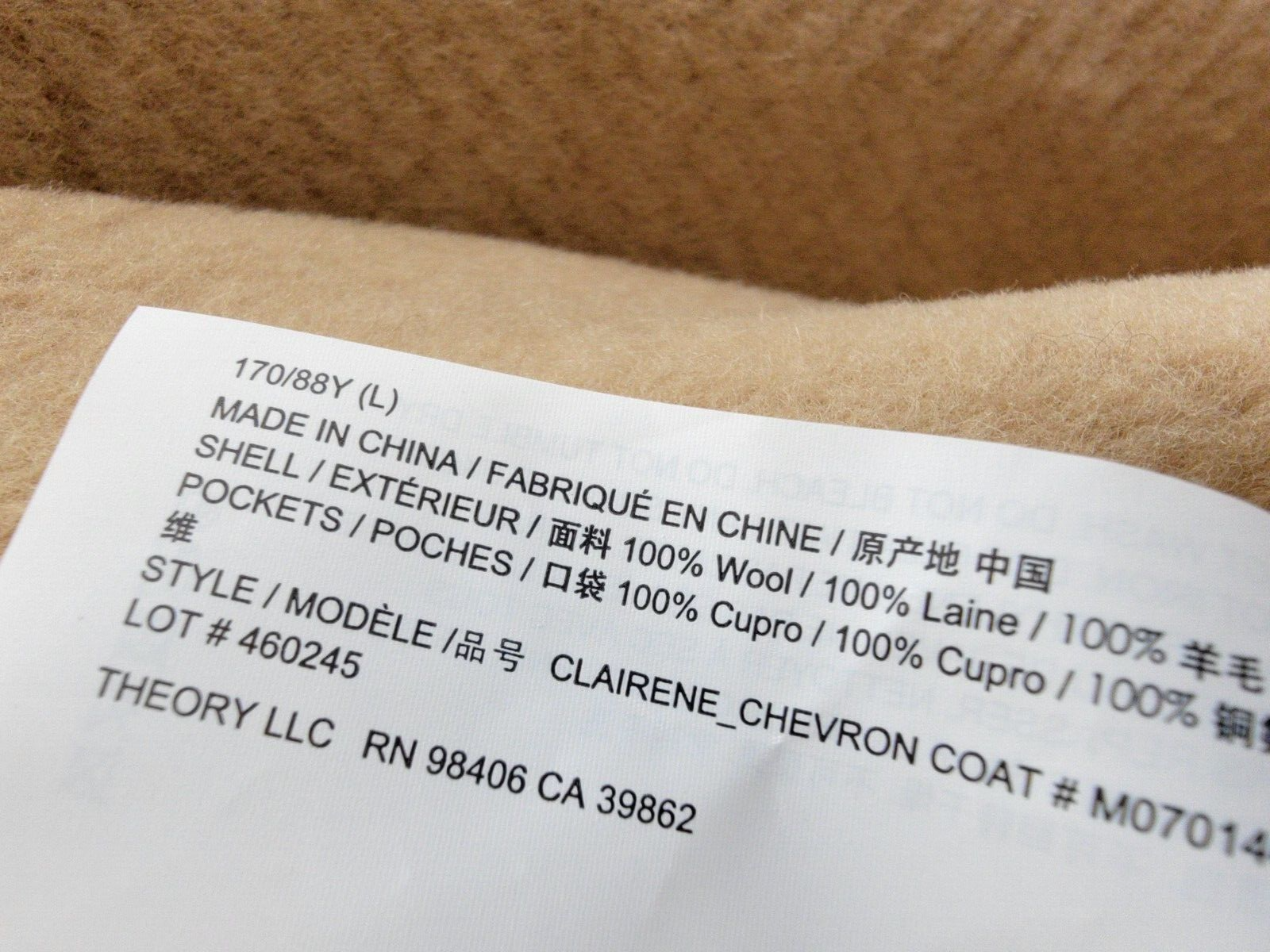 Pre-owned Theory Clairene Chevron Wool Coat Women's L Palomino Open Front Long Sleeve