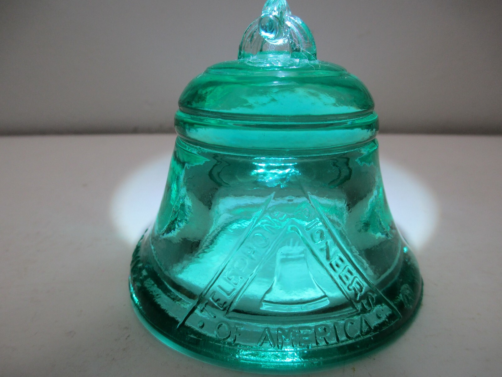 Vintage Telephone Pioneers of America Glass Bell Paperweight Teal Green 1989