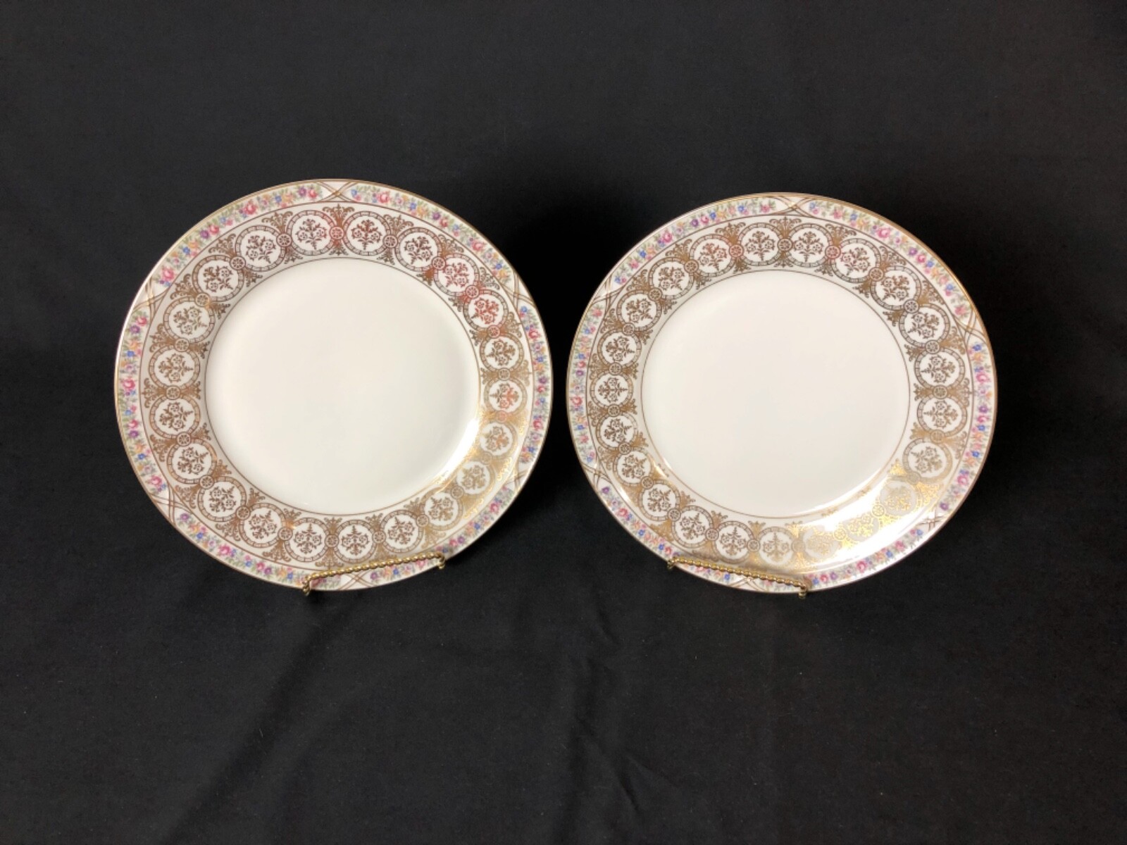 Lot of 2 KPM Royal Ivory Sussex 10&1/4” Dinner Plates Floral Gold Circles & Rim