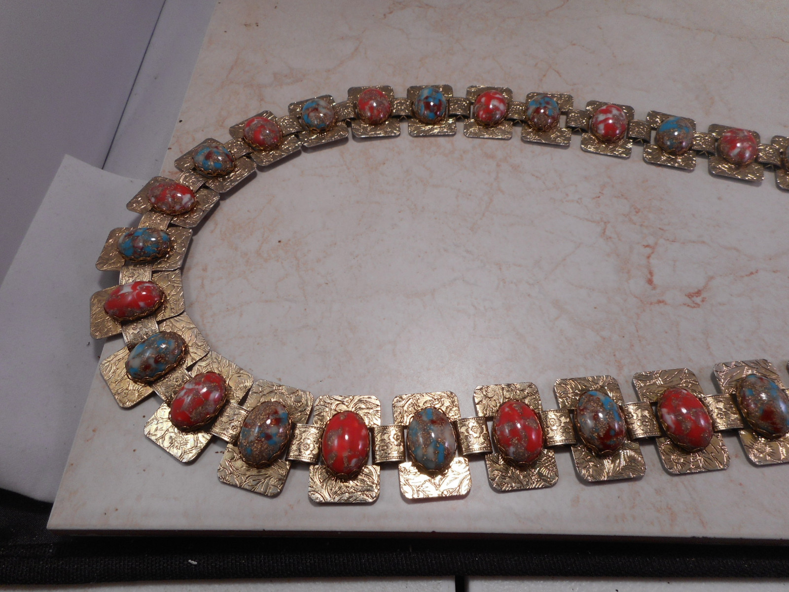 Vintage Fashion Belt With Polished Art Glass Panels Gold-Tone With Multi Colored