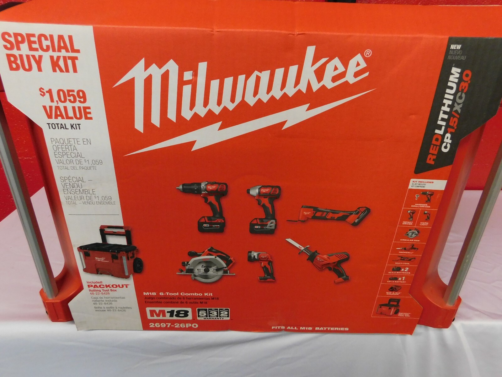 Milwaukee 2697-26PO M18 6-Piece Combo Kit with Packout Rolling Tool Box. Sealed