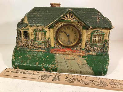 Antique LUX Bungalow Clock #1 HOUSE HOME mantle 20s 30s HAND PAINTED Vintage