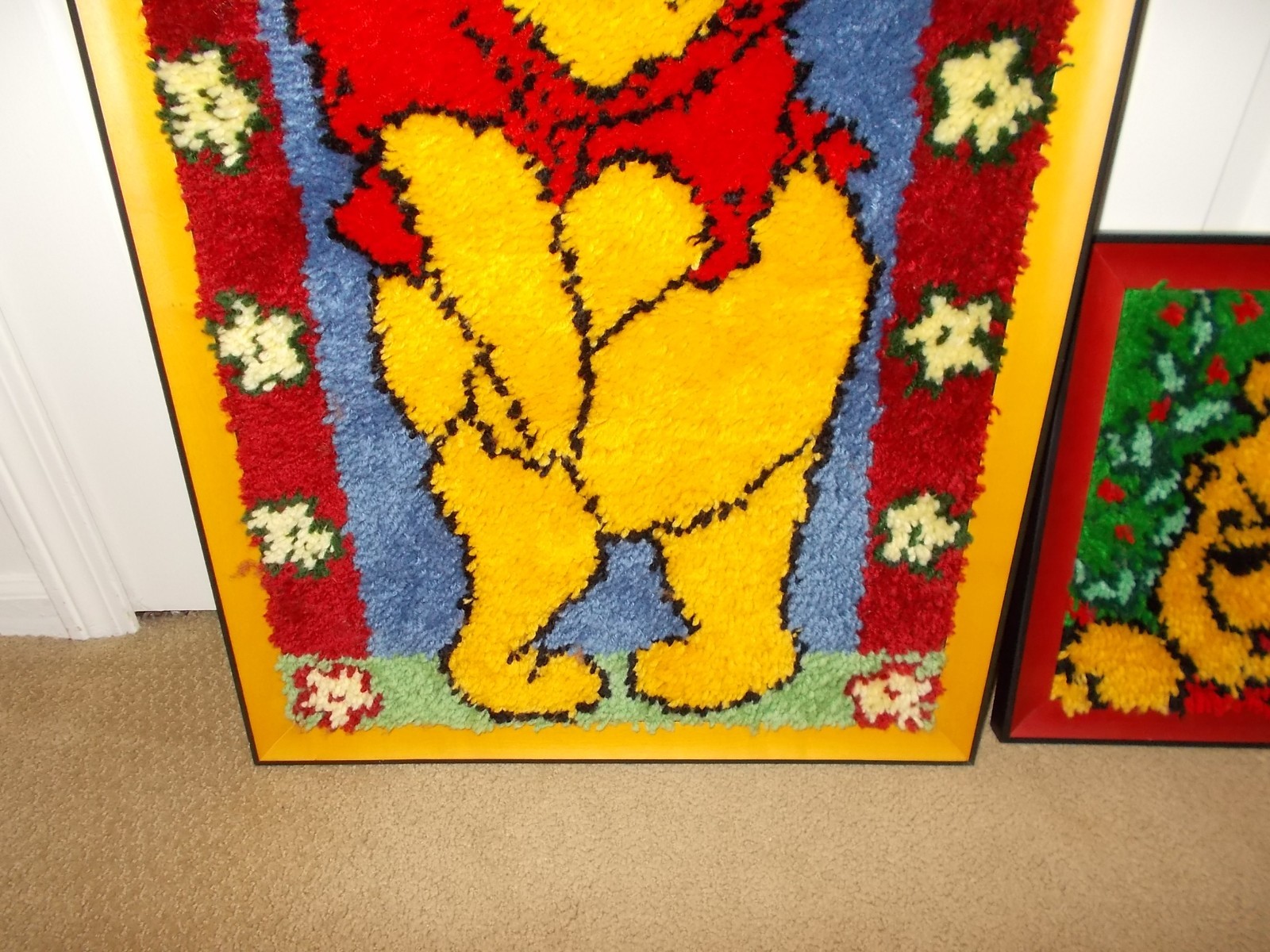 2 Winnie The Pooh COMPLETED and FRAMED Latch Hook Wall Hangings 32