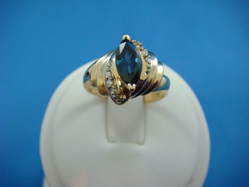 14k Yellow Gold Marquise Sapphire & Diamonds Ladies Ring 4.1 Grams