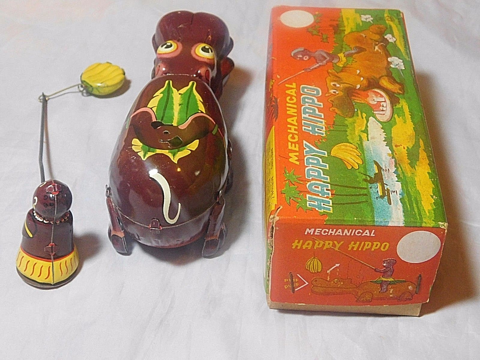 VINTAGE MECHNANICAL TIN HAPPY HIPPO WIND-UP by TPS JAPAN in ORIGINAL BOX