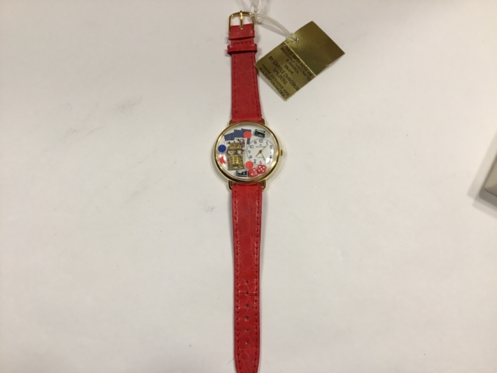 Gambling Casino quartz watch with red leather band by Carole DeWoskin Spielberg