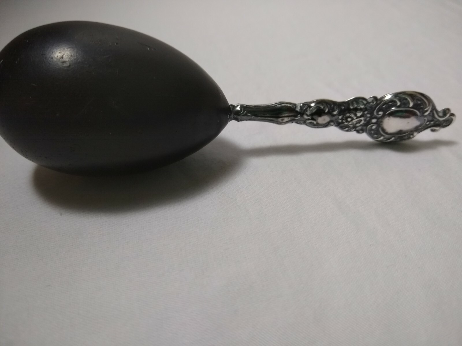 Antique Art Nouveau Sterling Silver Repousse Handle and Ebony Sock Darning Egg