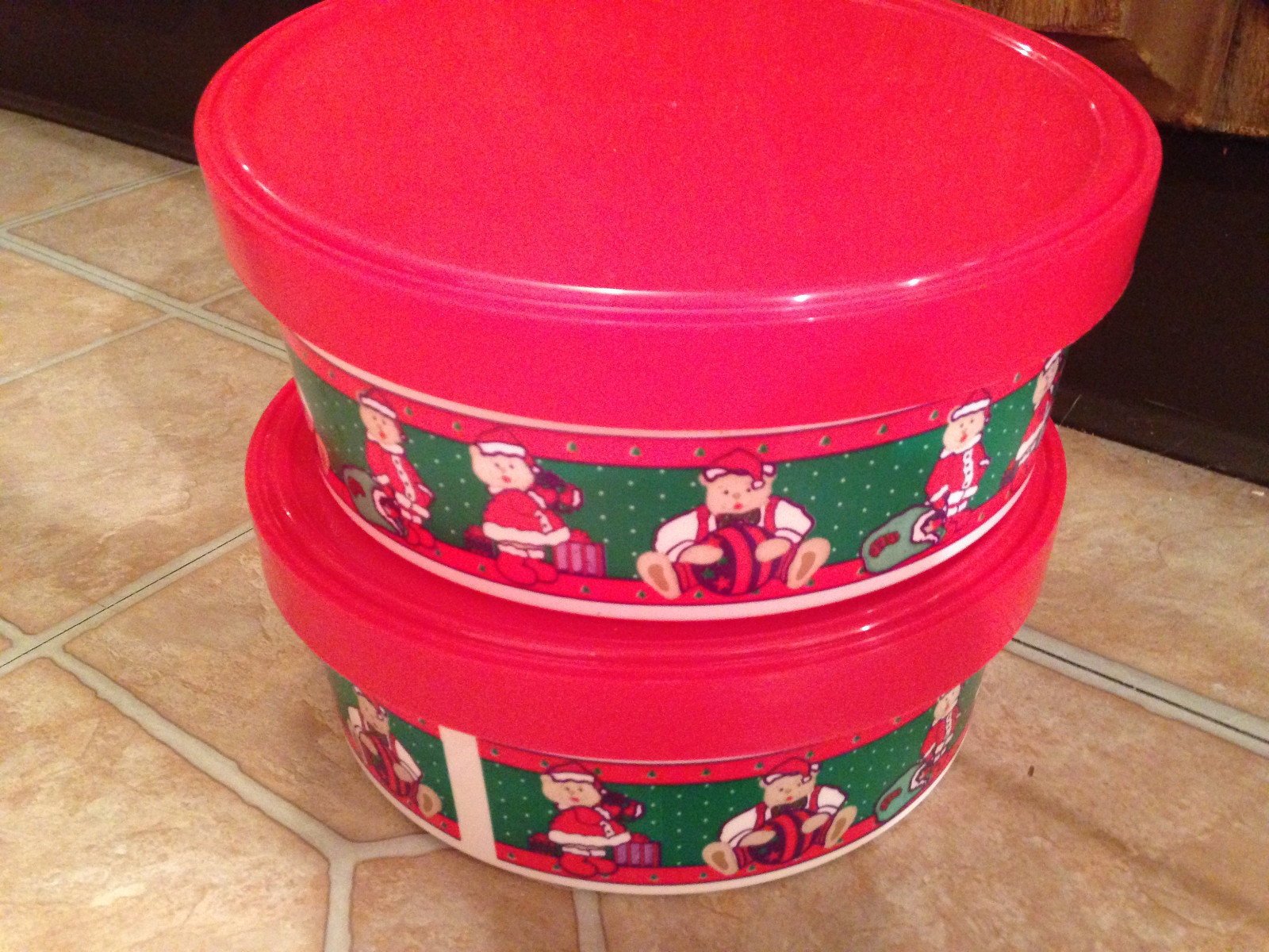 Red White & Green Round Containers Set of 2 Vintage
