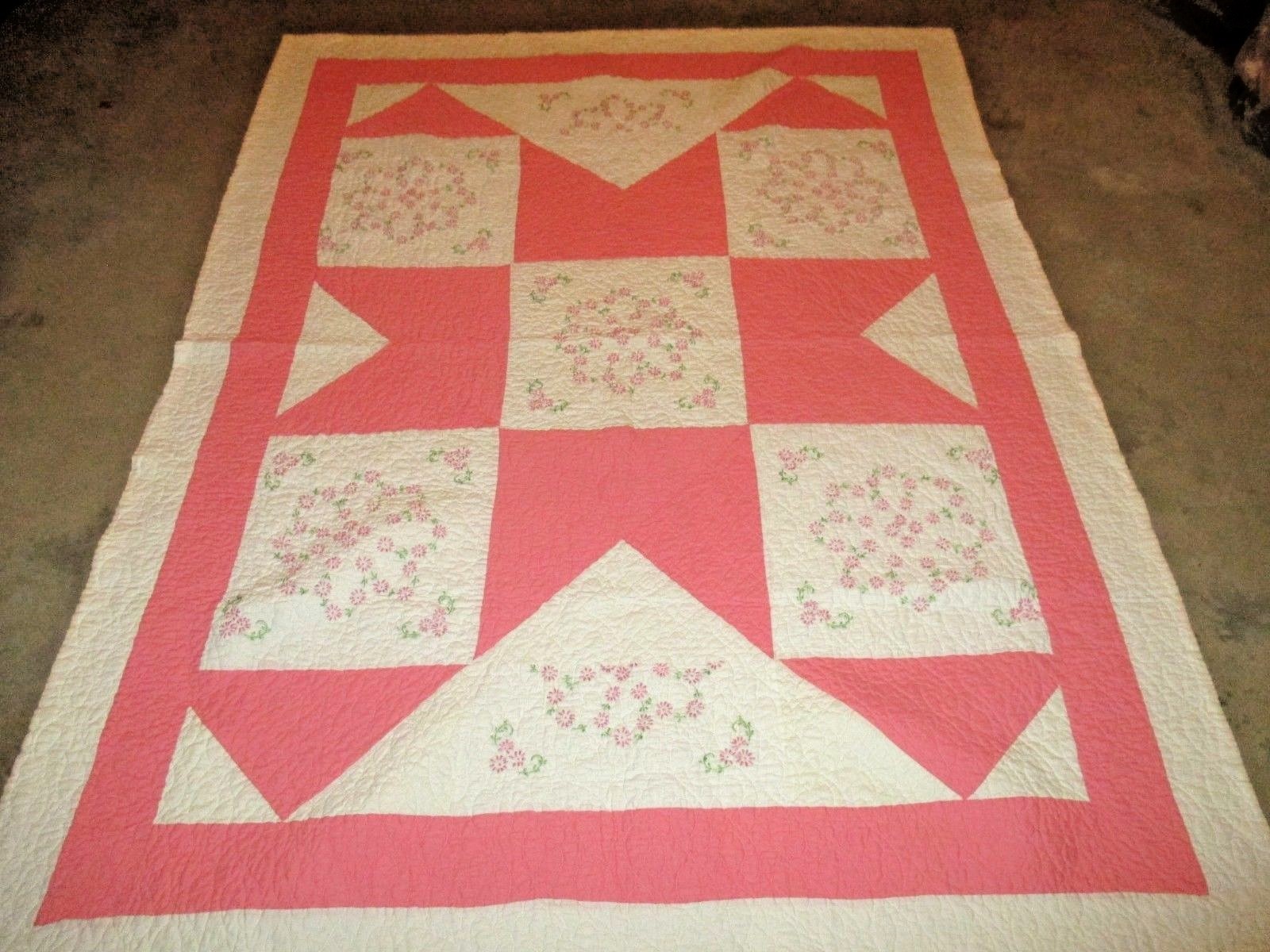 Hand Sewn Embroidery Machine Quilted Bed Spread Coverlet Twin