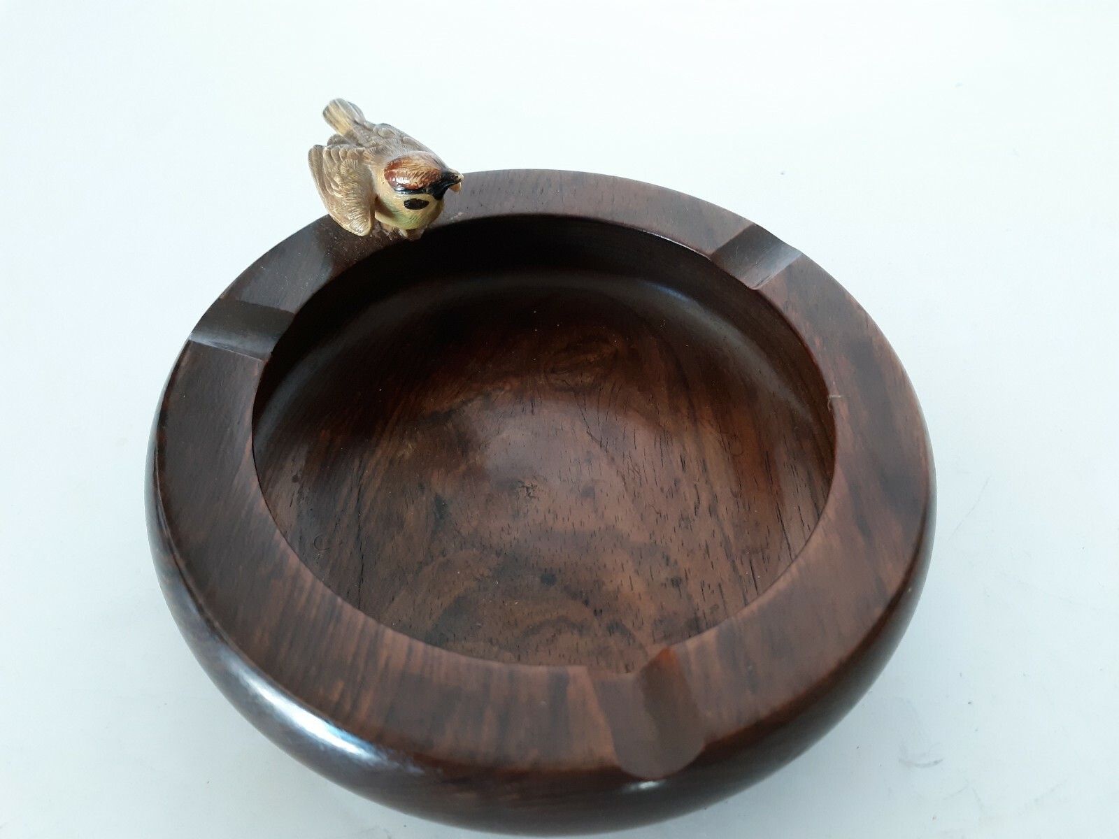 Vintage Teak Wood Ashtray Round w/ bird perched on Side MCM 4.75