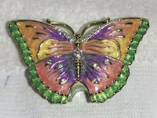 Bejeweled Multi Color Butterfly Enamel Crystals Figurine Hinged Trinket Box 2.5"